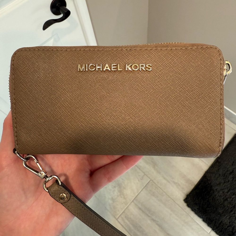 Michael Kors Brown Wristlet with Strap Neutral Taupe Brown Saffiano Leather